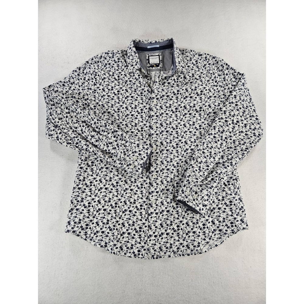 Denim & Flower Men's Large Blue White Micro Floral Performance Stretch Shirt